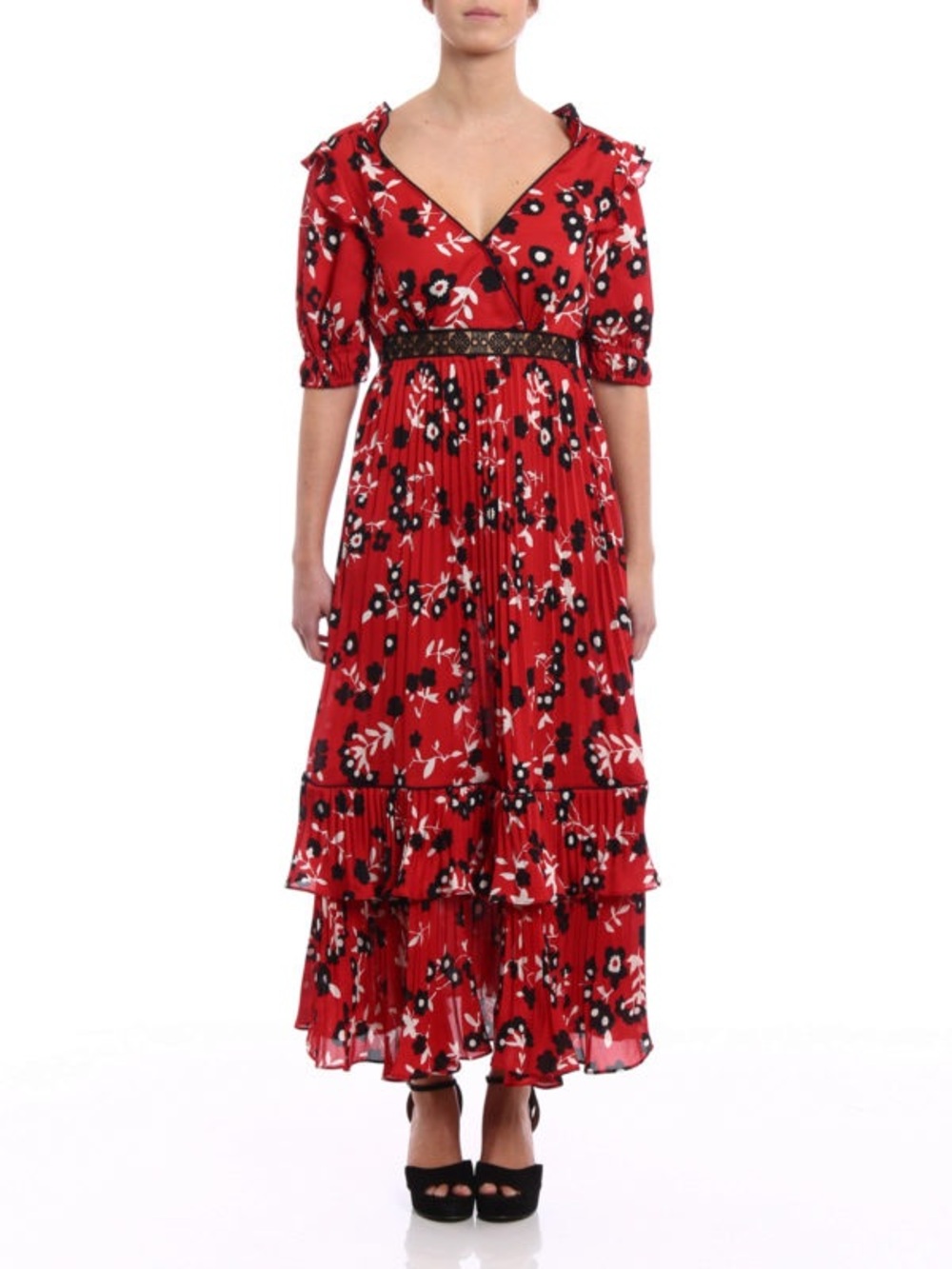 Self-Portrait Red Floral Pleated Crepe Midi Dress Lace Trim size 2